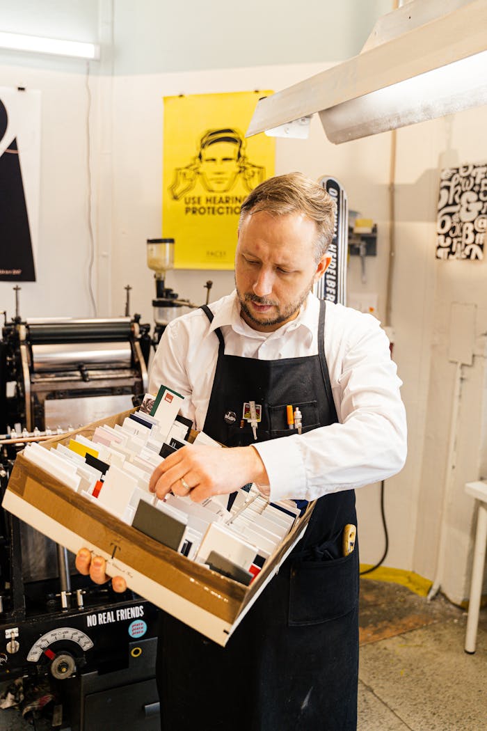 our-story Adult man organizing printing supplies in a workshop with industrial machines around him.